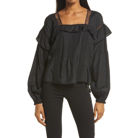 All Saints Tops - ALLSAINTS Juliette Pintuck Ruffle Top Womens 00 Black Square Neck Balloon Sleeve